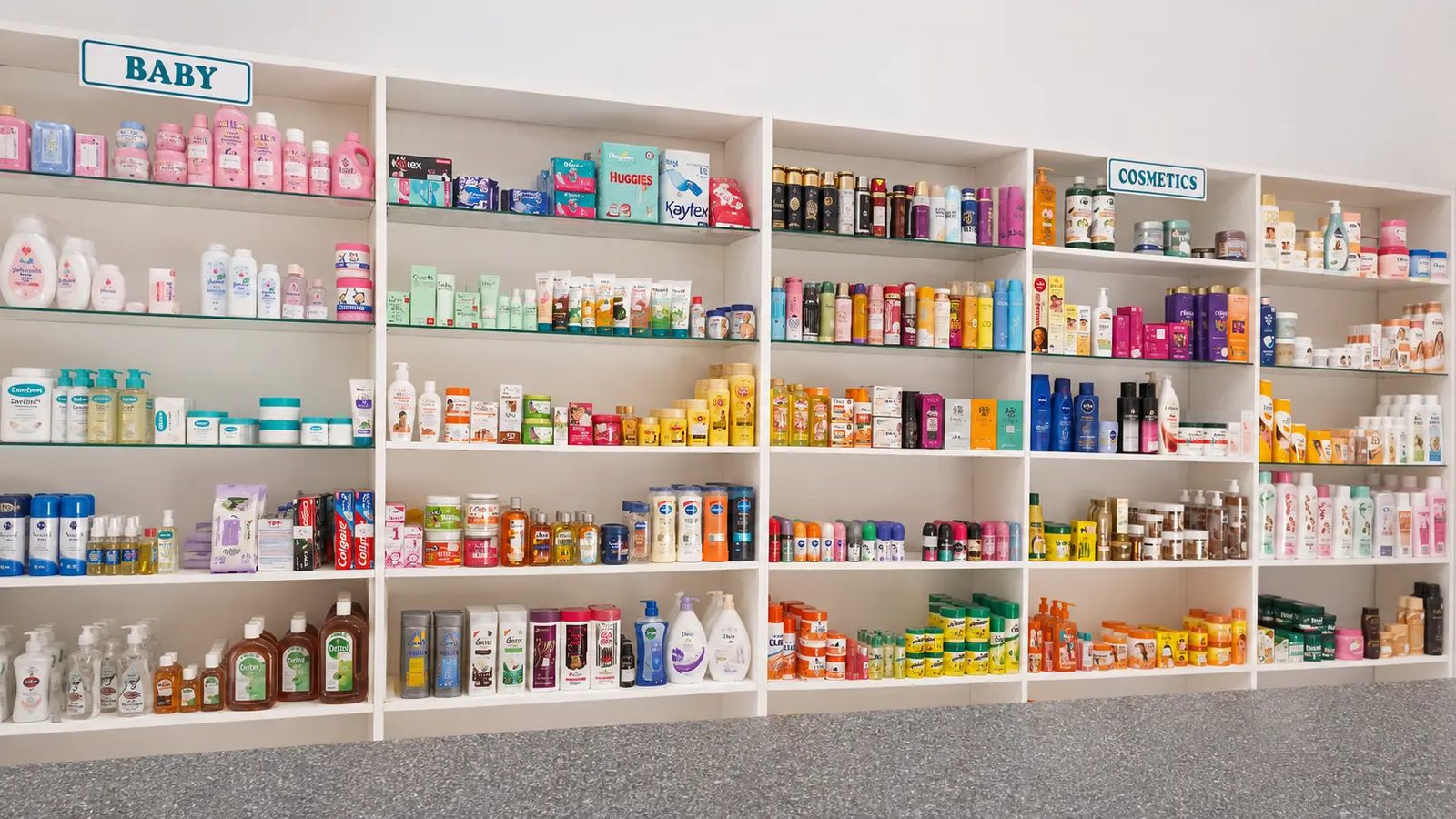 Baby care, cosmetics and personal-care products on shelves inside Medcorp Pharmacy